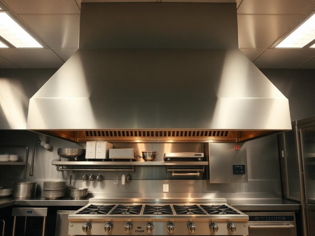 Commercial restaurant kitchen with installed exhaust hood