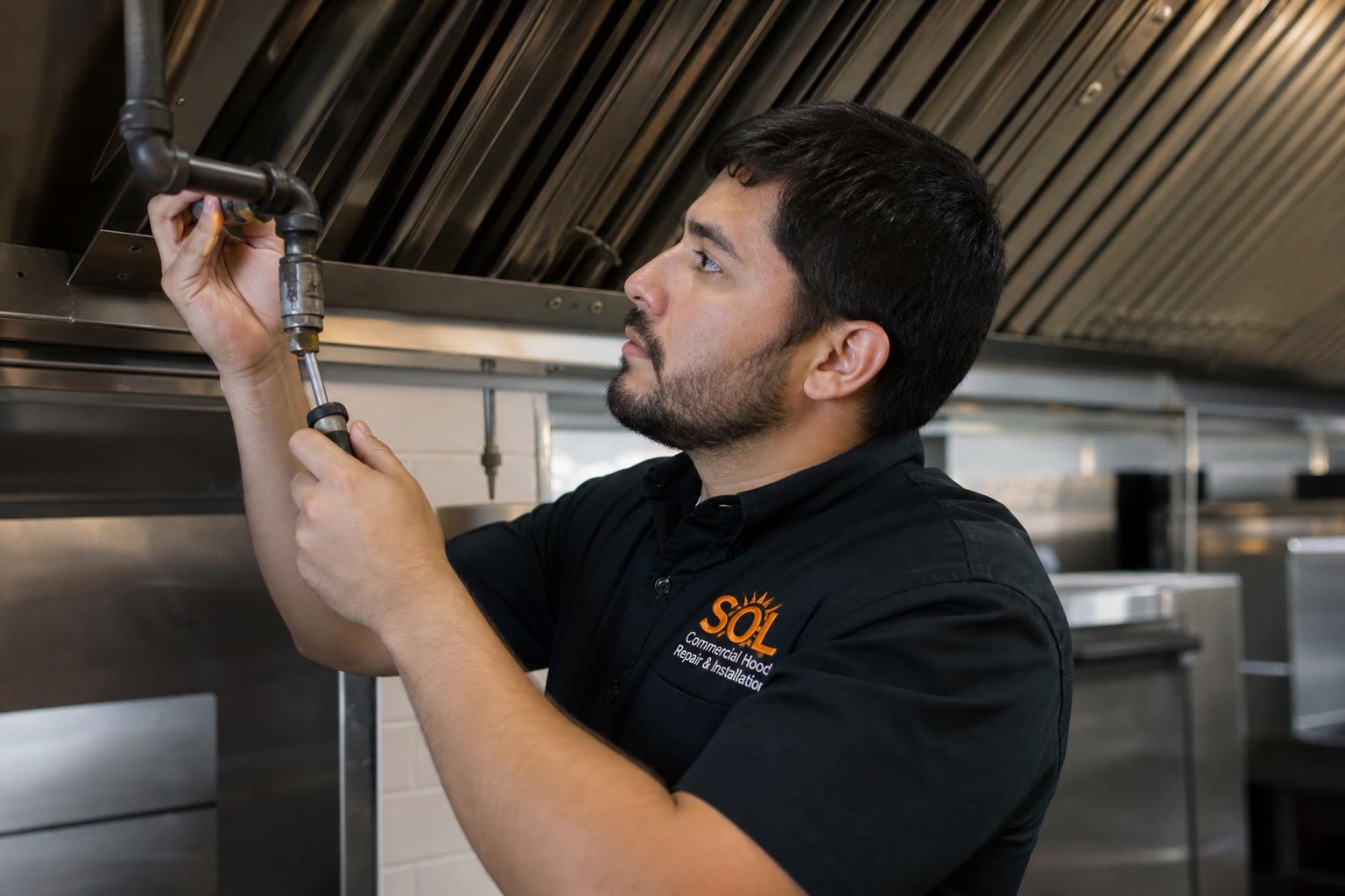SOL technician in branded shirt servicing a commercial hood